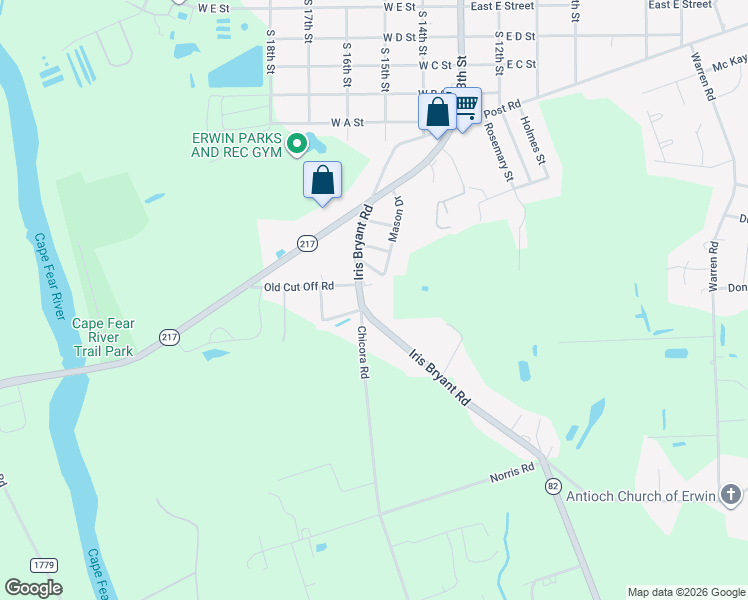 map of restaurants, bars, coffee shops, grocery stores, and more near 291 Iris Bryant Road in Erwin