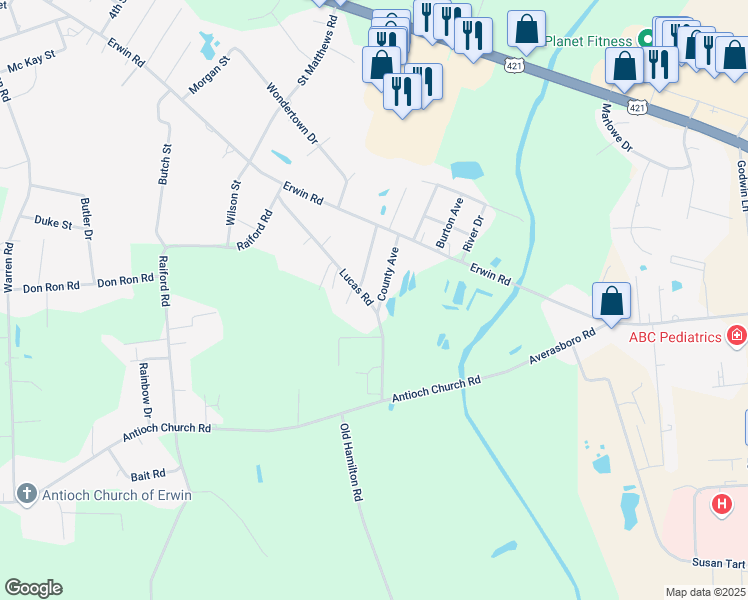 map of restaurants, bars, coffee shops, grocery stores, and more near 303 County Avenue in Dunn
