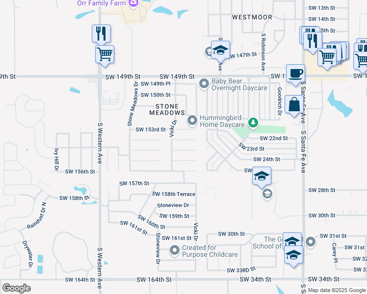 map of restaurants, bars, coffee shops, grocery stores, and more near 529 Southwest 155th Court in Oklahoma City