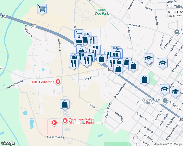 map of restaurants, bars, coffee shops, grocery stores, and more near 601 Erwin Road in Dunn