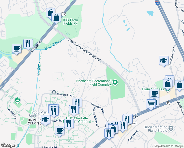 map of restaurants, bars, coffee shops, grocery stores, and more near 9728 Mary Alexander Road in Charlotte