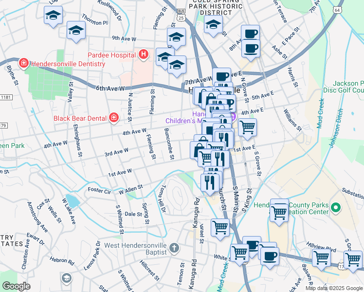 map of restaurants, bars, coffee shops, grocery stores, and more near 121 Rhodes Street in Hendersonville