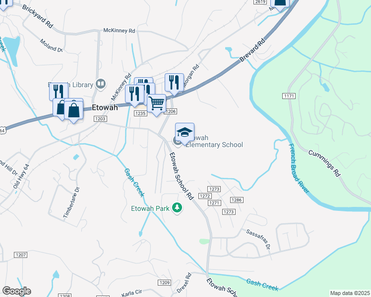 map of restaurants, bars, coffee shops, grocery stores, and more near 320 Etowah School Road in Etowah