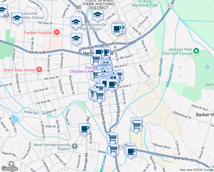 map of restaurants, bars, coffee shops, grocery stores, and more near 122 North Main Street in Hendersonville