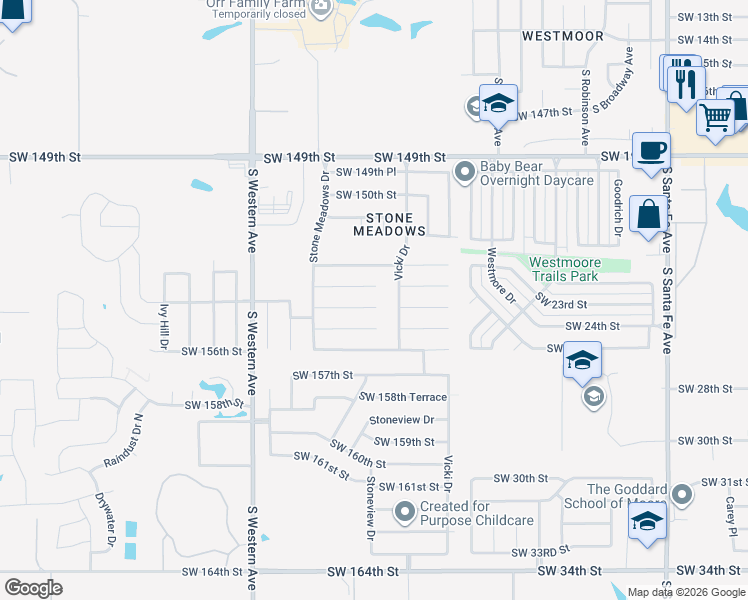 map of restaurants, bars, coffee shops, grocery stores, and more near 605 Southwest 155th Place in Oklahoma City