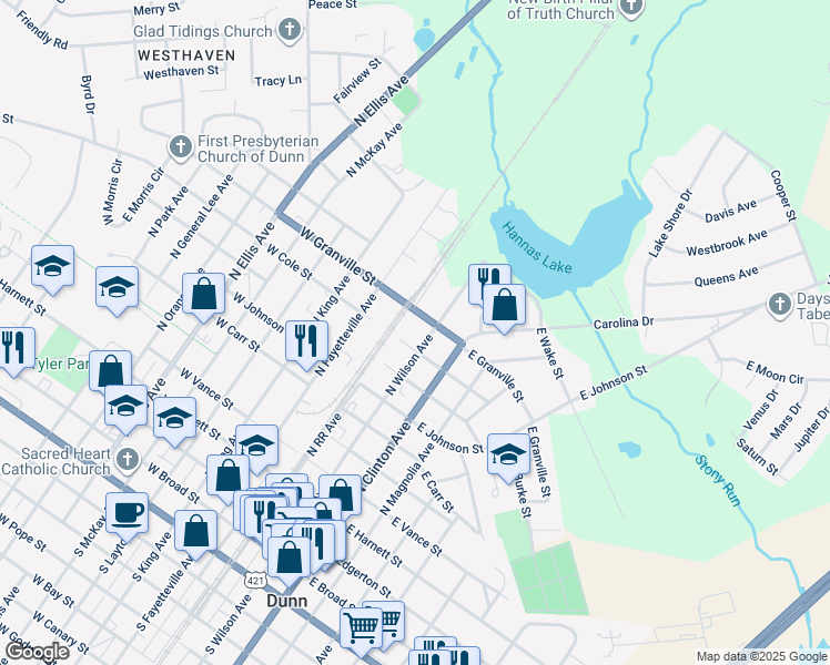 map of restaurants, bars, coffee shops, grocery stores, and more near North Wilson Avenue in Dunn