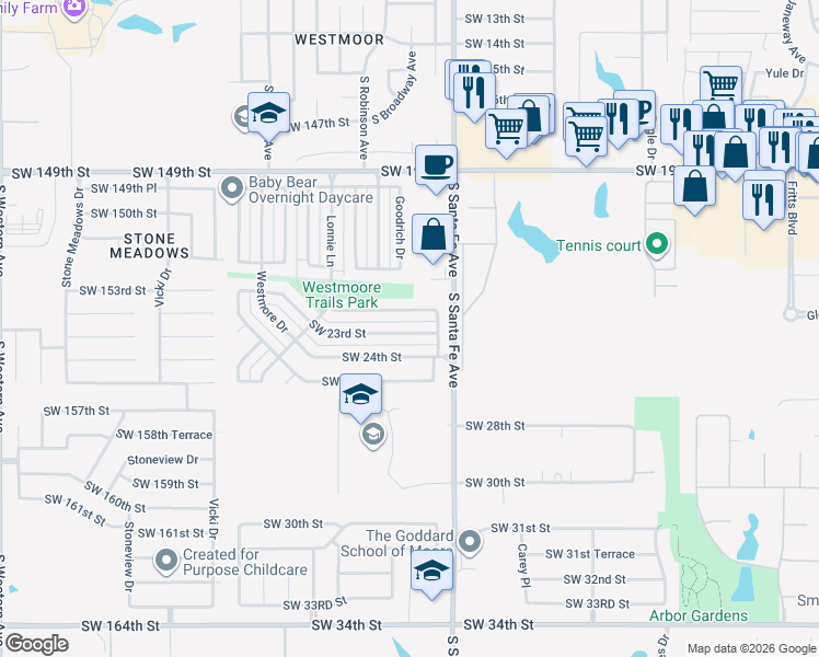 map of restaurants, bars, coffee shops, grocery stores, and more near 1008 Southwest 23rd Street in Moore