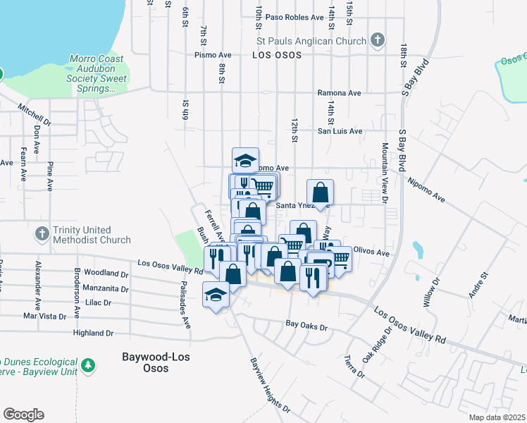 map of restaurants, bars, coffee shops, grocery stores, and more near 2025 10th Street in Los Osos
