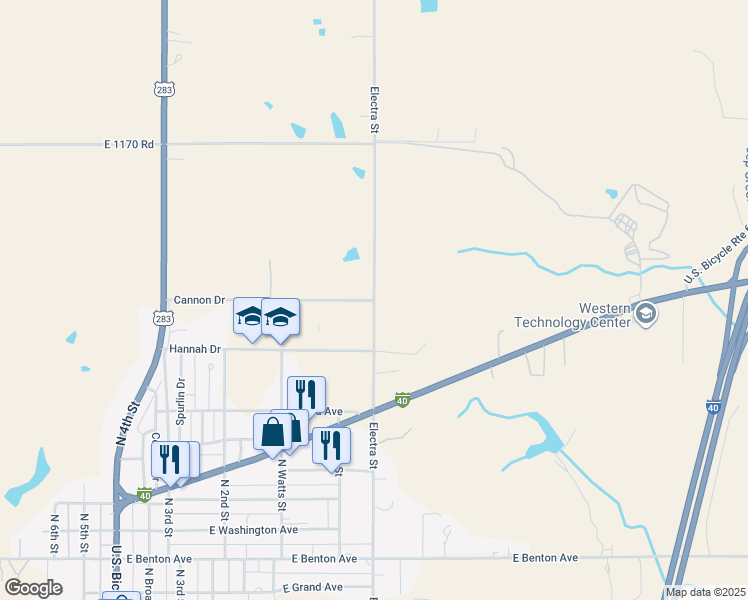 map of restaurants, bars, coffee shops, grocery stores, and more near Electra Street in Sayre