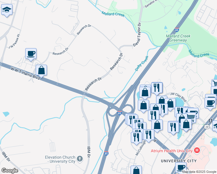 map of restaurants, bars, coffee shops, grocery stores, and more near 8740 Research Drive in Charlotte