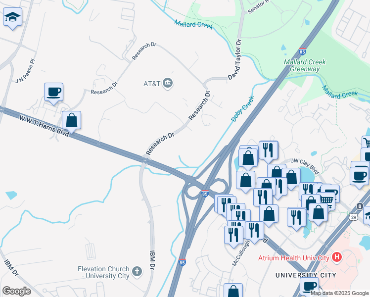 map of restaurants, bars, coffee shops, grocery stores, and more near 8740 Research Dr in Charlotte