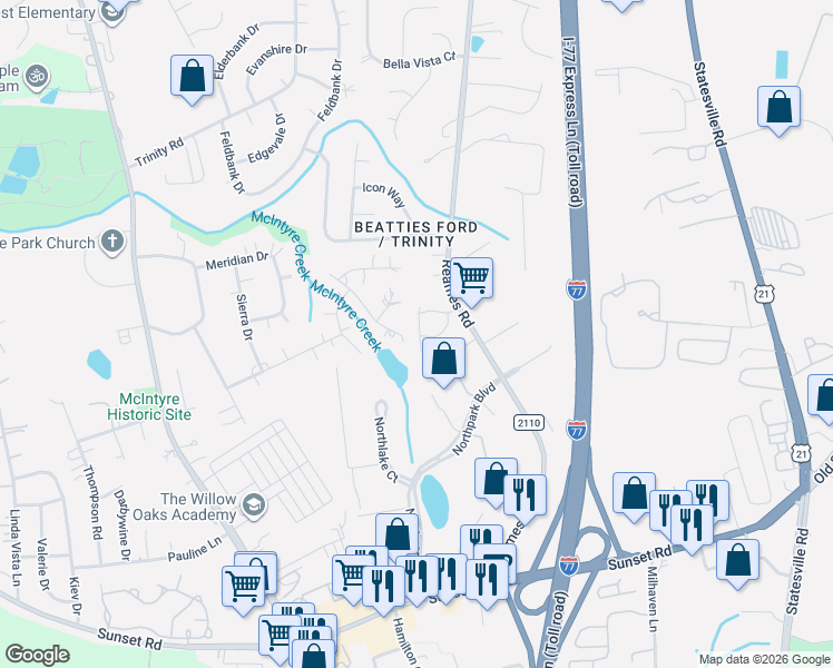 map of restaurants, bars, coffee shops, grocery stores, and more near 4528 Parliament Court in Charlotte