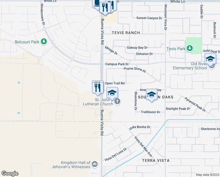 map of restaurants, bars, coffee shops, grocery stores, and more near 11120 Vista Ridge Drive in Bakersfield