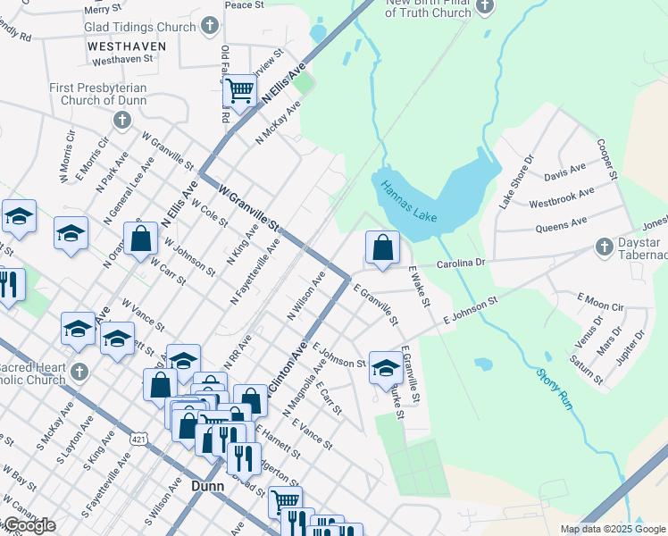 map of restaurants, bars, coffee shops, grocery stores, and more near 908 North Wilson Avenue in Dunn