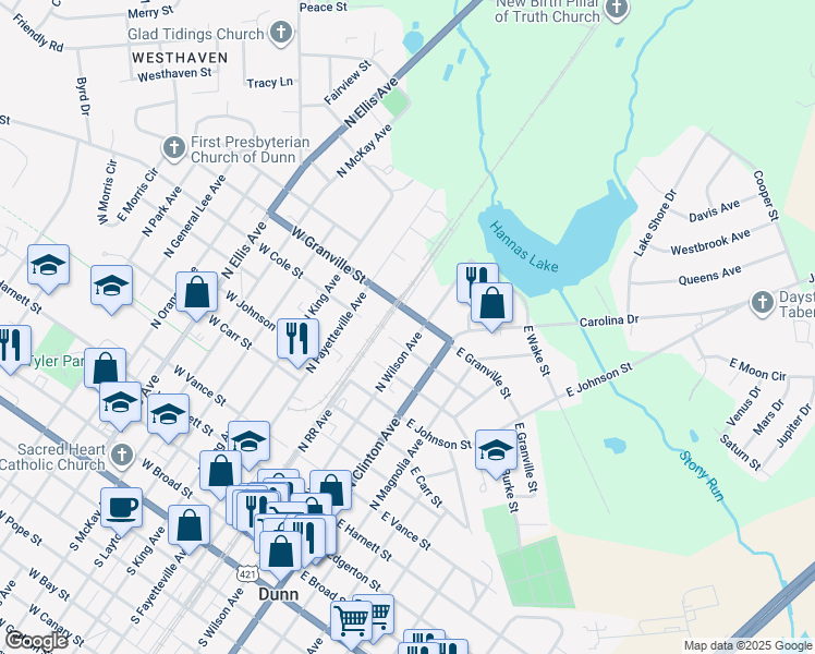 map of restaurants, bars, coffee shops, grocery stores, and more near 909 North Wilson Avenue in Dunn