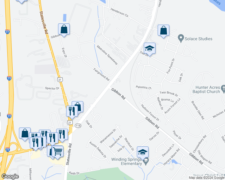 map of restaurants, bars, coffee shops, grocery stores, and more near 4725 Gibbon Road in Charlotte