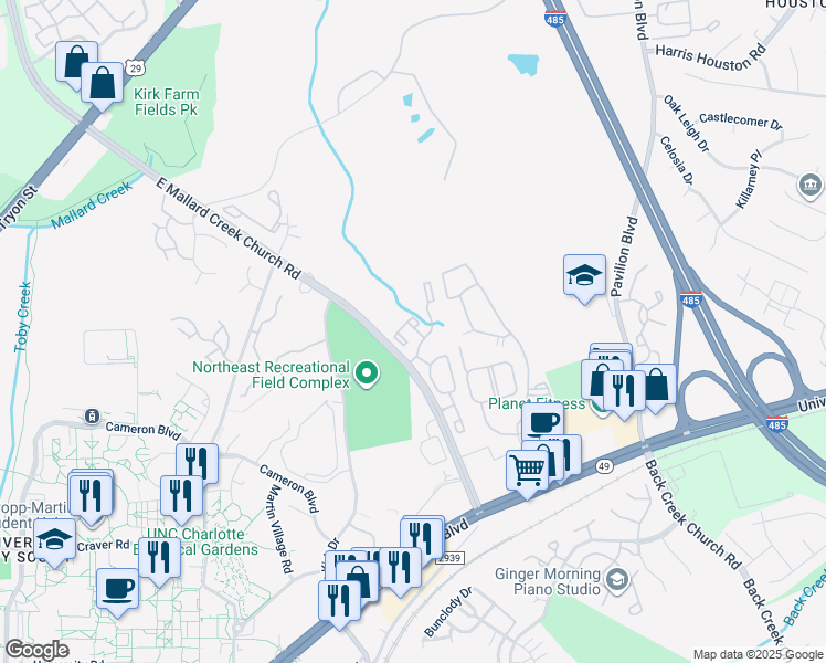 map of restaurants, bars, coffee shops, grocery stores, and more near 9915 University Village Boulevard in Charlotte