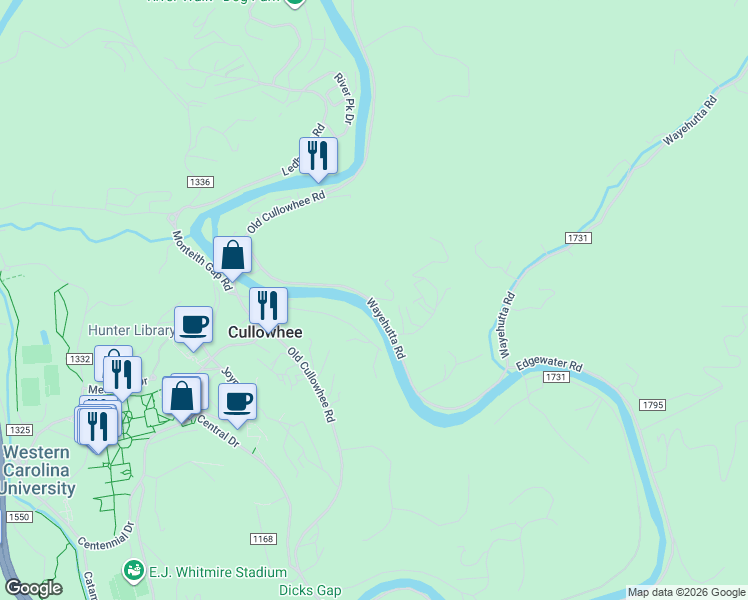 map of restaurants, bars, coffee shops, grocery stores, and more near 389 Wayehutta Road in Cullowhee