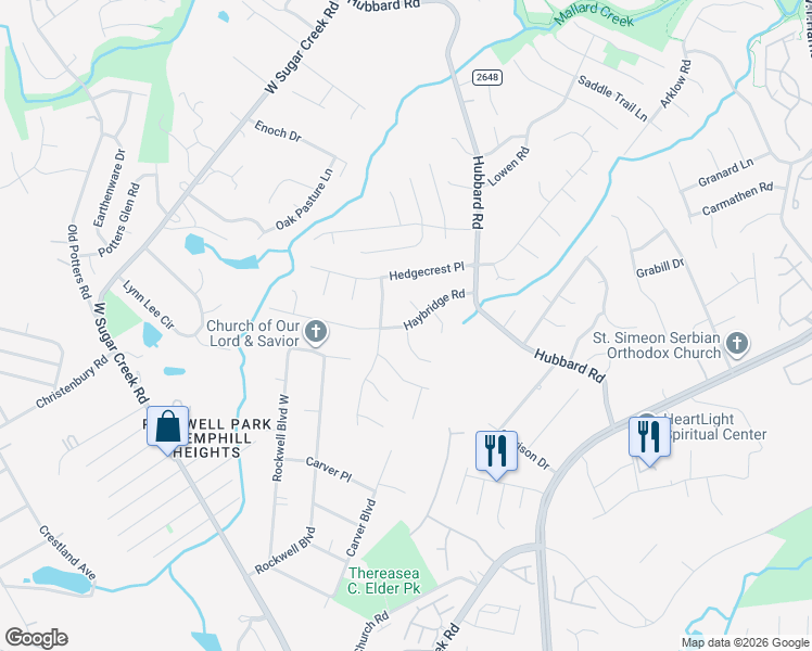 map of restaurants, bars, coffee shops, grocery stores, and more near Haybridge Rd & Pondridge Ct in Charlotte