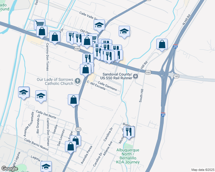 map of restaurants, bars, coffee shops, grocery stores, and more near Calle Damiano in Bernalillo