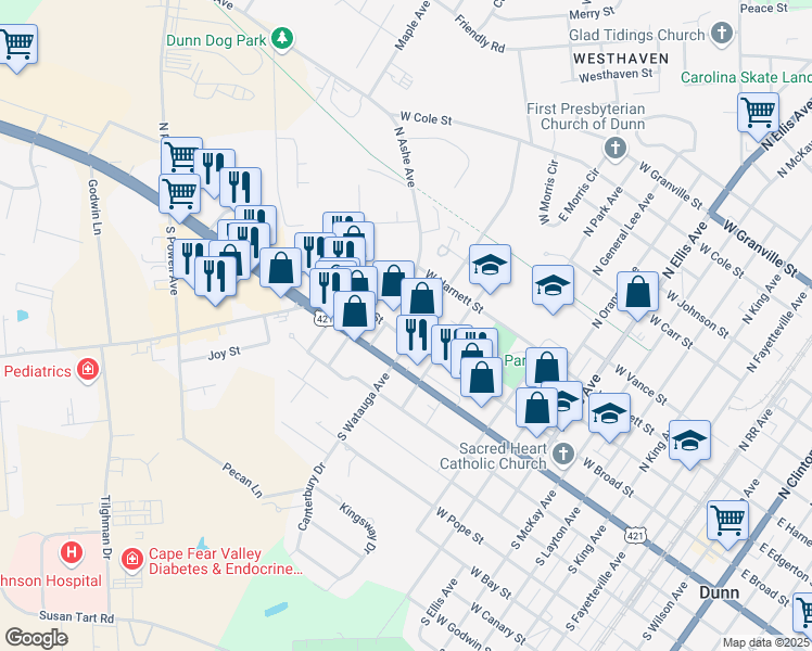 map of restaurants, bars, coffee shops, grocery stores, and more near 1100 West Broad Street in Dunn