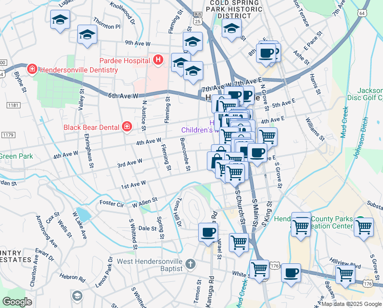 map of restaurants, bars, coffee shops, grocery stores, and more near 408 3rd Avenue West in Hendersonville