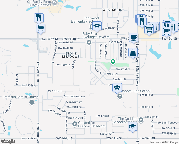 map of restaurants, bars, coffee shops, grocery stores, and more near 1809 Southwest 24th Street in Moore