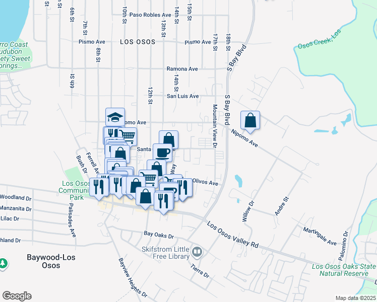 map of restaurants, bars, coffee shops, grocery stores, and more near 2023b Lost Oak Drive in Baywood-Los Osos