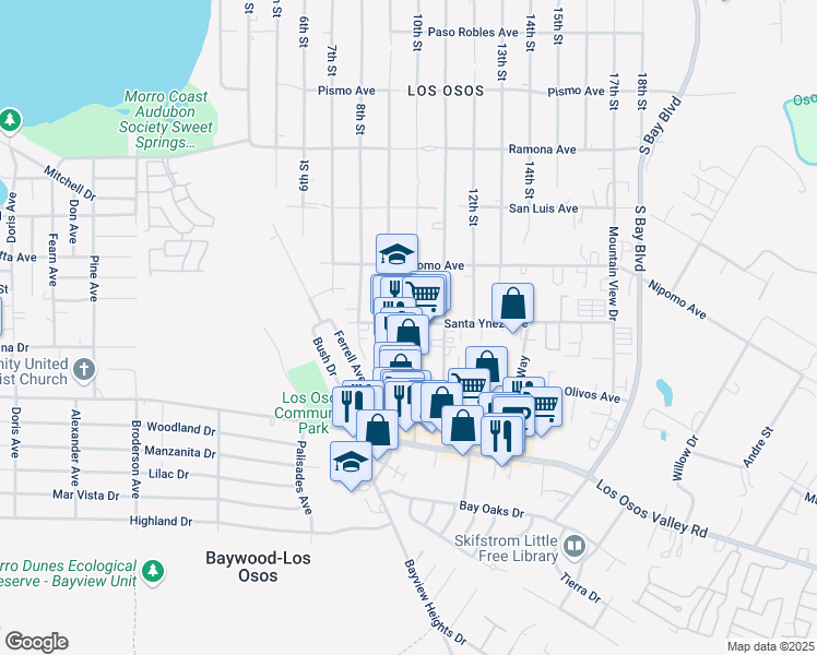 map of restaurants, bars, coffee shops, grocery stores, and more near 2025 10th Street in Baywood-Los Osos