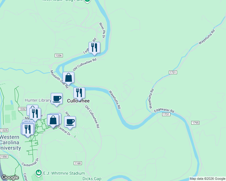 map of restaurants, bars, coffee shops, grocery stores, and more near 389 Wayehutta Road in Cullowhee