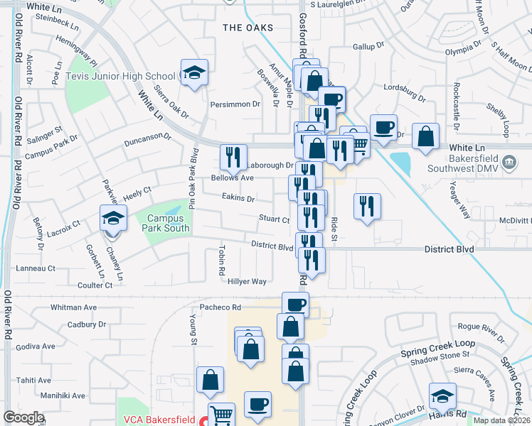 map of restaurants, bars, coffee shops, grocery stores, and more near 8304 Stuart Court in Bakersfield
