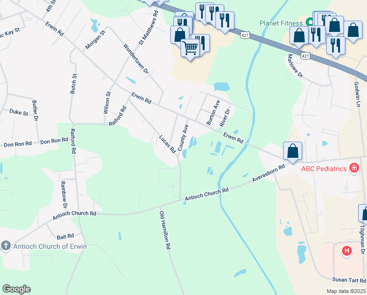 map of restaurants, bars, coffee shops, grocery stores, and more near 303 County Avenue in Dunn