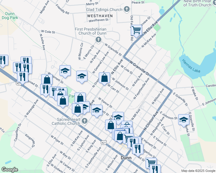 map of restaurants, bars, coffee shops, grocery stores, and more near 510 North Ellis Avenue in Dunn