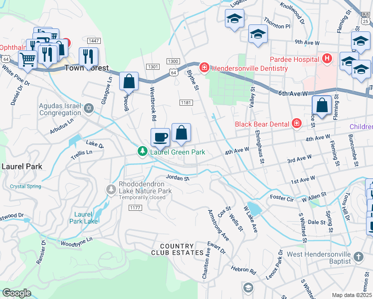 map of restaurants, bars, coffee shops, grocery stores, and more near 1418 5th Avenue West in Hendersonville