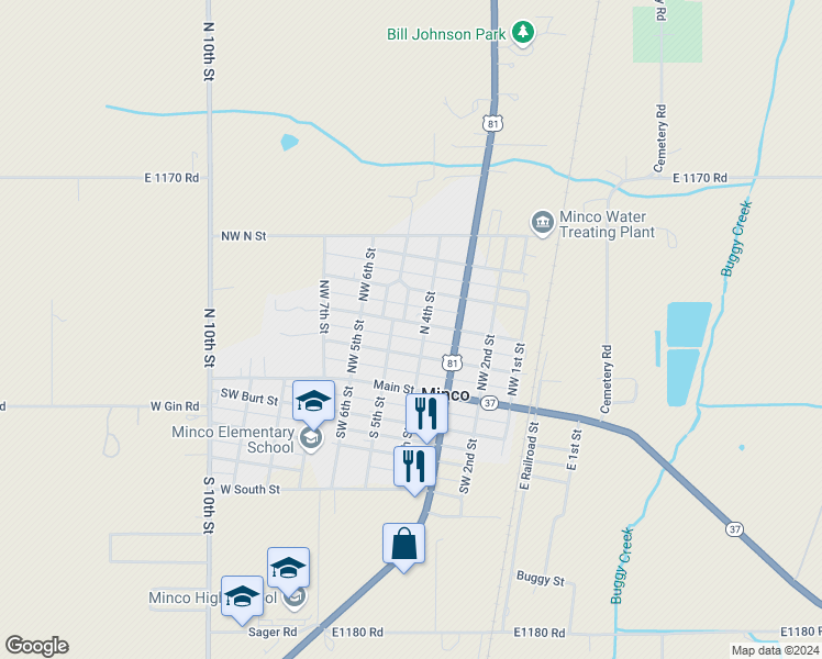 map of restaurants, bars, coffee shops, grocery stores, and more near 407 Northwest Pontotoc Street in Minco