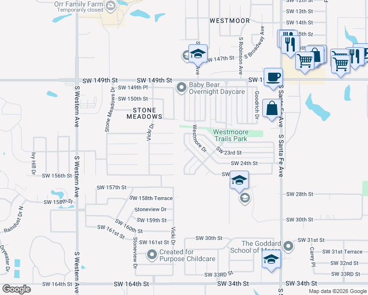 map of restaurants, bars, coffee shops, grocery stores, and more near 1809 Southwest 24th Street in Moore