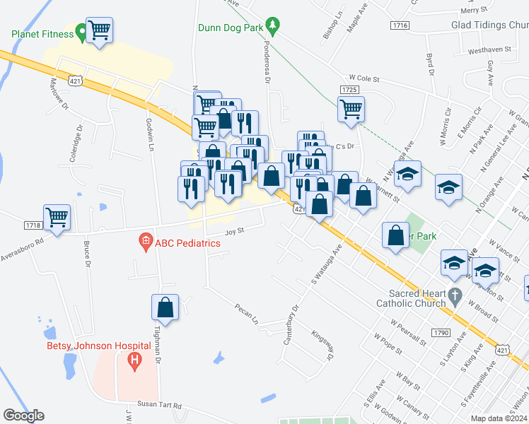 map of restaurants, bars, coffee shops, grocery stores, and more near 409 Erwin Road in Dunn