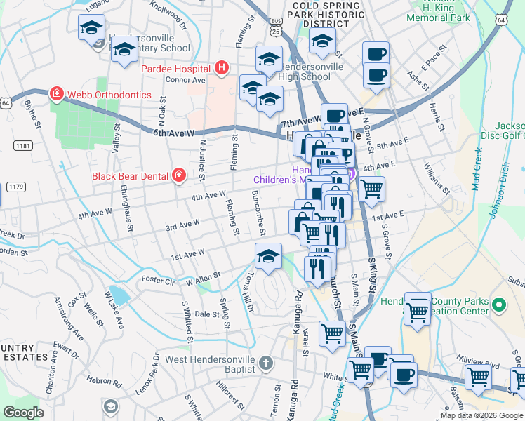 map of restaurants, bars, coffee shops, grocery stores, and more near 121 Rhodes Street in Hendersonville