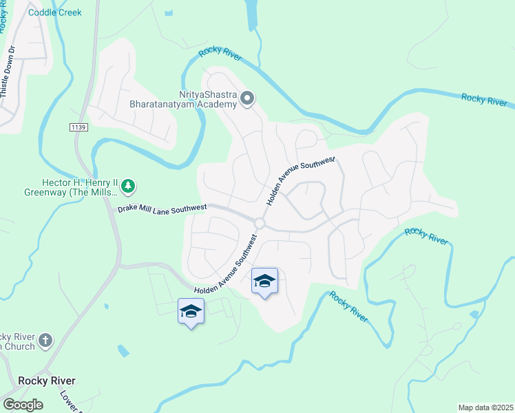map of restaurants, bars, coffee shops, grocery stores, and more near 2115 Grist Mill Drive Southwest in Concord