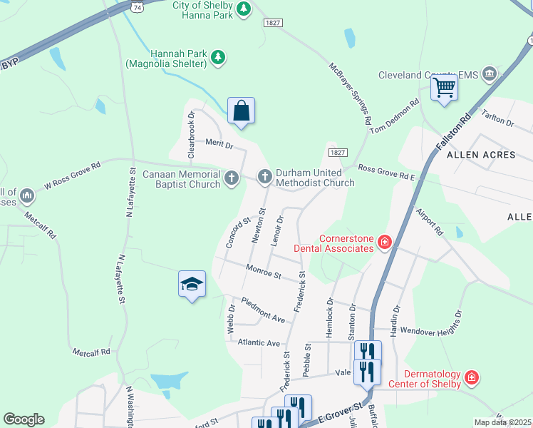 map of restaurants, bars, coffee shops, grocery stores, and more near 1334 Newton Street in Shelby