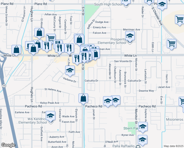 map of restaurants, bars, coffee shops, grocery stores, and more near 4410 Palmacia Drive in Bakersfield