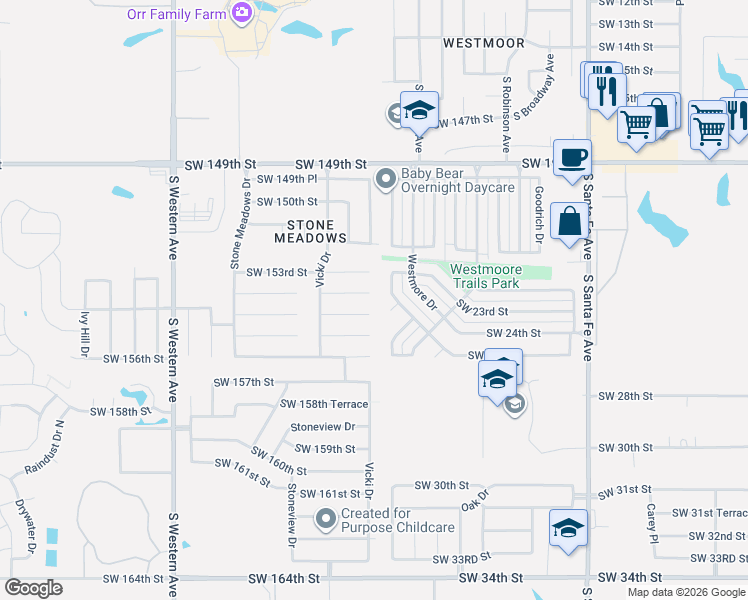map of restaurants, bars, coffee shops, grocery stores, and more near 1809 Southwest 24th Street in Moore