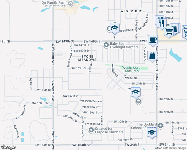 map of restaurants, bars, coffee shops, grocery stores, and more near 536 Southwest 154th Court in Oklahoma City