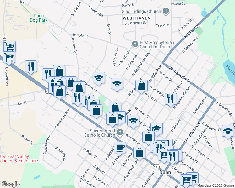 map of restaurants, bars, coffee shops, grocery stores, and more near 800 West Harnett Street in Dunn