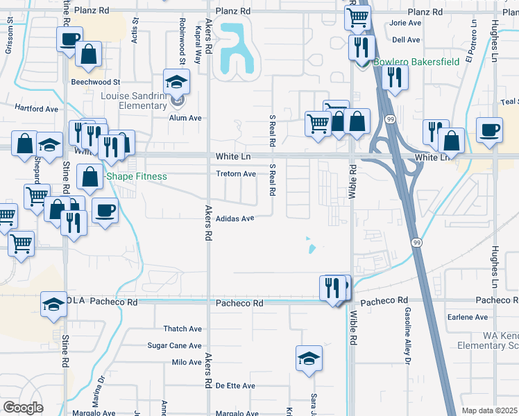 map of restaurants, bars, coffee shops, grocery stores, and more near 3713 Adidas Avenue in Bakersfield