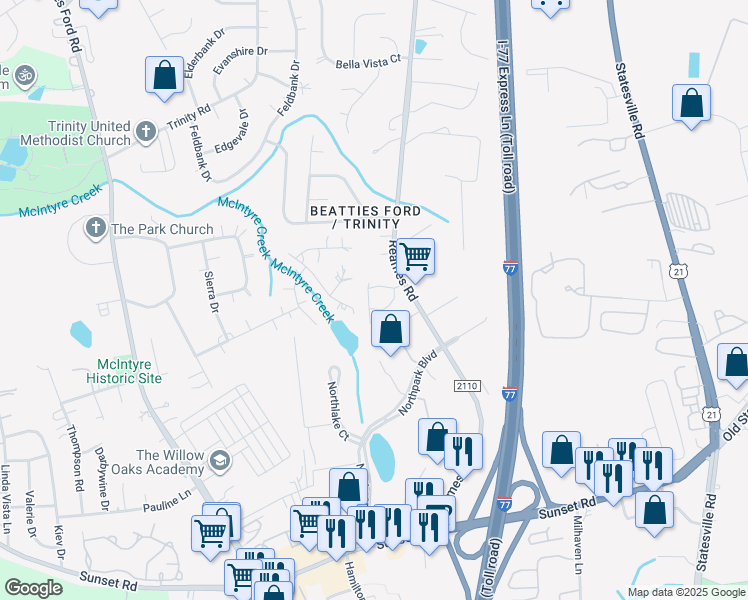 map of restaurants, bars, coffee shops, grocery stores, and more near 6935 Reames Road in Charlotte