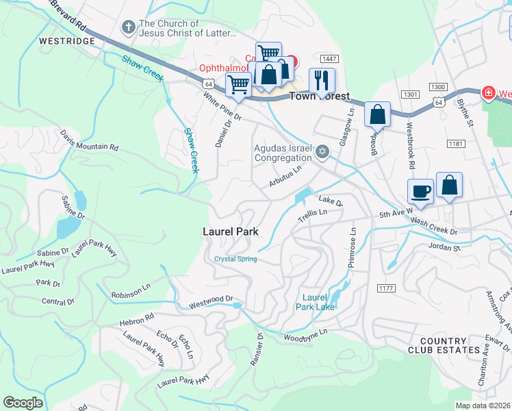 map of restaurants, bars, coffee shops, grocery stores, and more near 540 Walnut Loop Road in Laurel Park