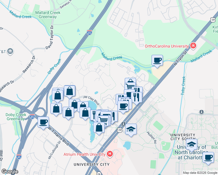 map of restaurants, bars, coffee shops, grocery stores, and more near 9520 Glenwater Drive in Charlotte