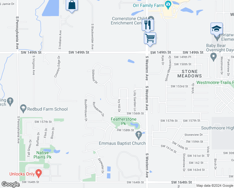 map of restaurants, bars, coffee shops, grocery stores, and more near 15417 Ivy Hill Drive in Oklahoma City