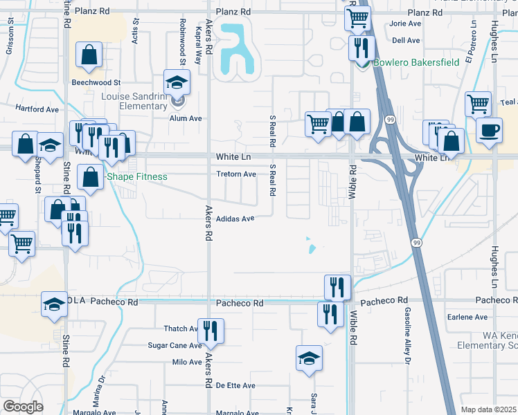 map of restaurants, bars, coffee shops, grocery stores, and more near 3713 Adidas Avenue in Bakersfield